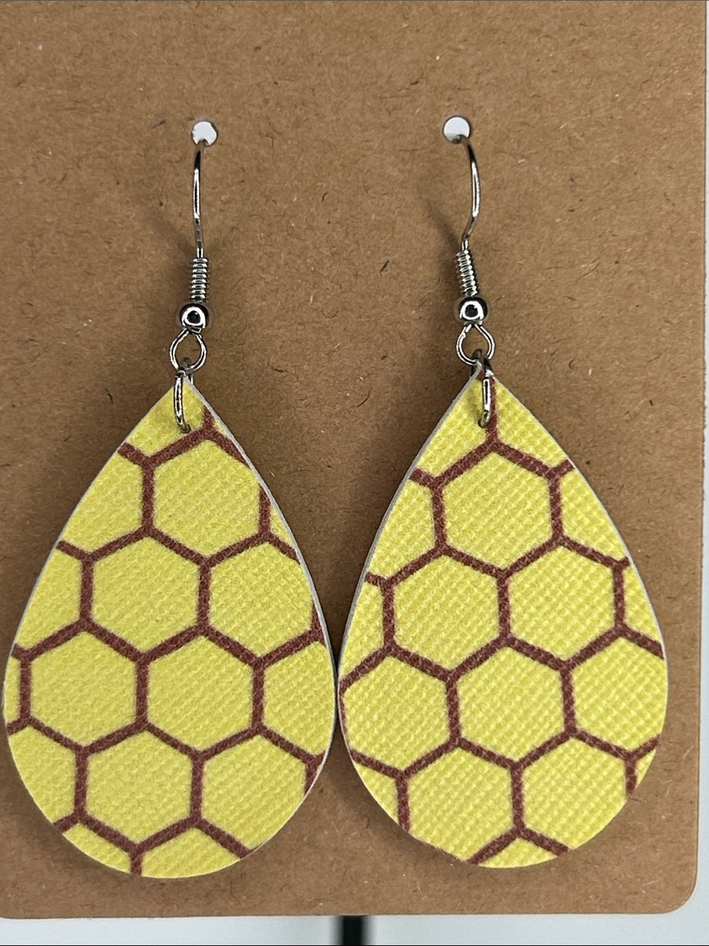 Mini Faux Leather Teardrop Earrings Bee Hive Honey Combs